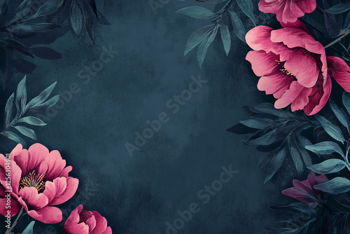 Beautiful illustration of pink peony flowers on a dark blue background.