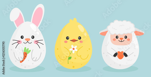 Cute easter egg animals. Bunny, chick and sheep. Holiday characters. Vector illustration isolated