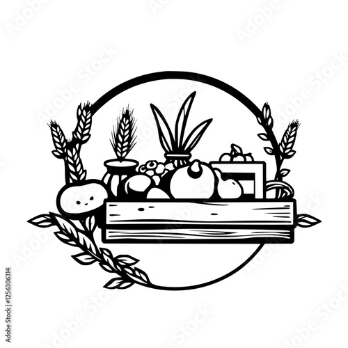 Bountiful Harvest: A monochrome harvest festival illustration of various fruits and vegetables inside a circular frame, with wheat ear.