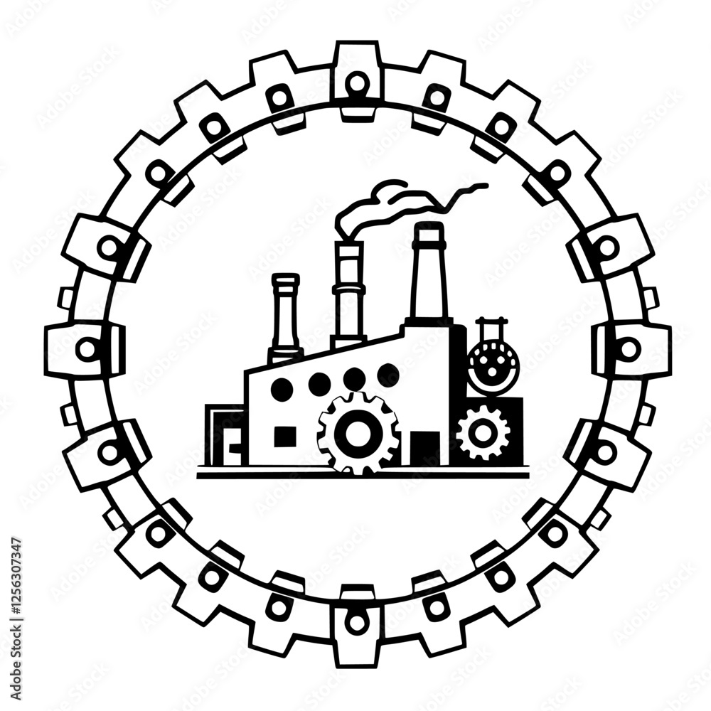 Minimalist Industrial Factory Icon with a Gear-Shaped Frame Minimalist Industrial Factory Icon with a Gear-Shaped Frame