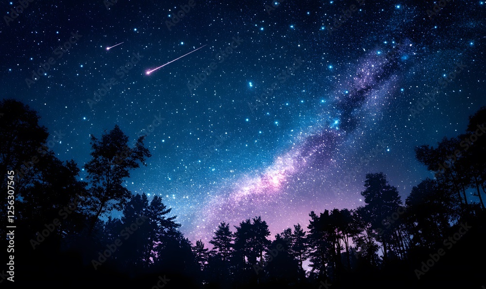Naklejka premium Night Sky with Milky Way Stars and Shooting Stars Above a Silhouetted Forest