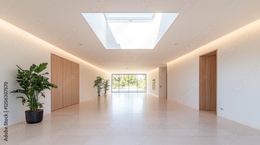 Fototapeta premium Modern Interior Hallway, Light Filled, Open Space, Exterior View, Potential Office, Home