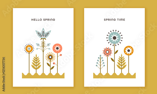 Cute geometric spring flowers greeting cards. Vector illustration.