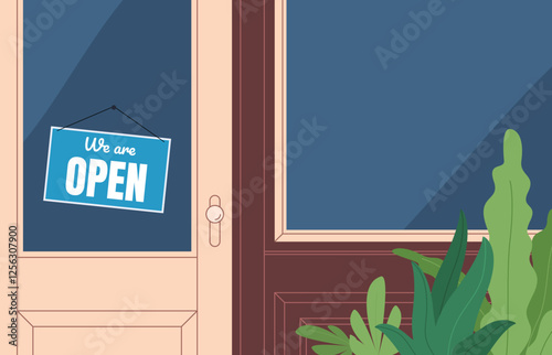 Store front with sign open. Set of signs open and closed on the door in the store. Vector illustration