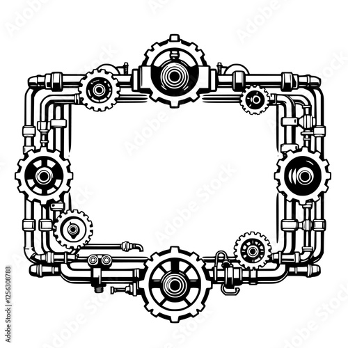 Steampunk-styled Gear Frame: A stylized black and white frame constructed from gears and pipes in a minimalist style.