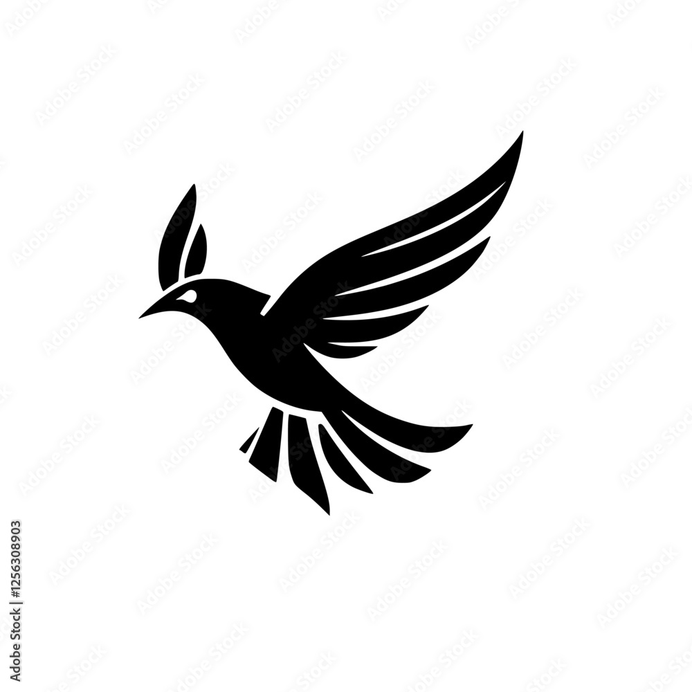 Fototapeta premium Symbolic depiction of a sleek black bird, soaring in flight against white background.