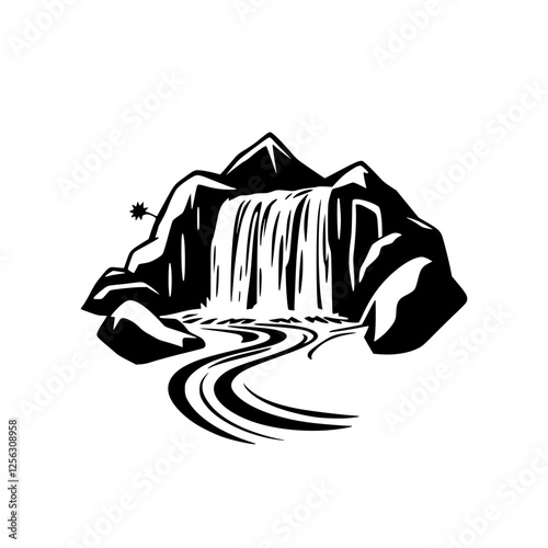 Black and White vector graphic of a waterfall, portraying a serene mountain landscape.