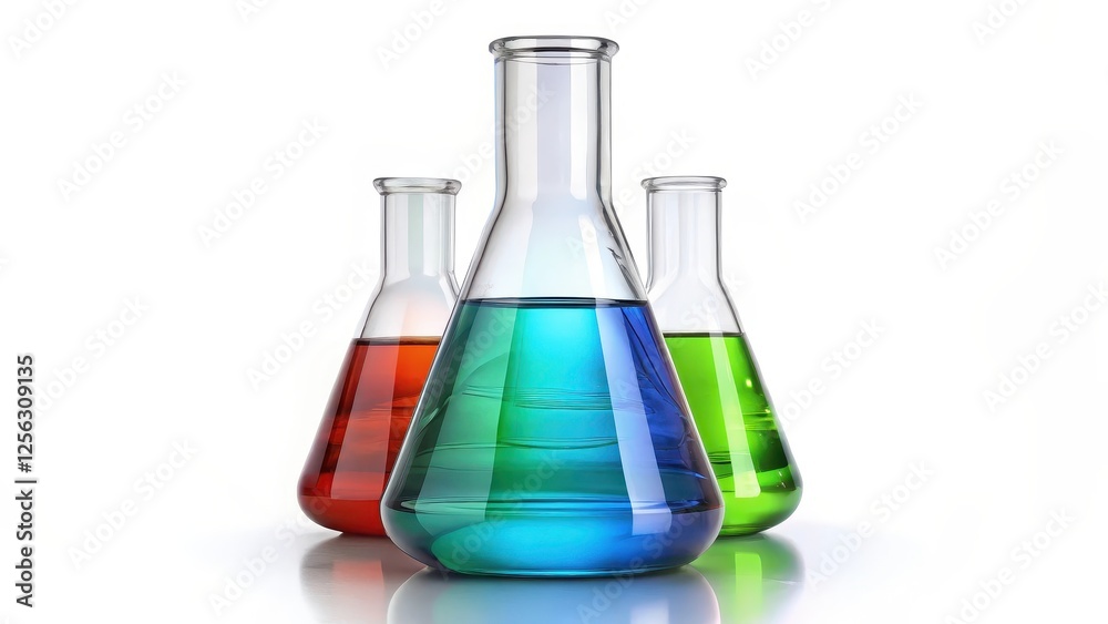 Three Erlenmeyer Flasks with Colored Liquids on White Background Three Erlenmeyer Flasks with Colored Liquids on White Background