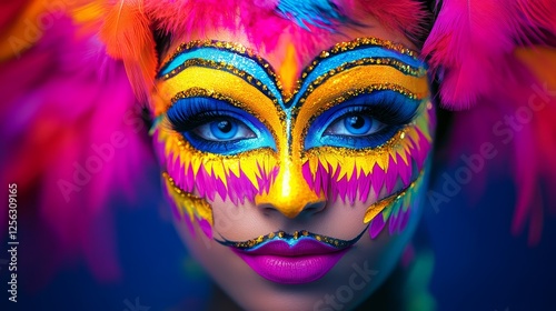 Vibrant Carnival Mask Fantasy - A model with bright, colorful carnival mask makeup, symbolizing celebration, artistry, mystery, fantasy, and joy