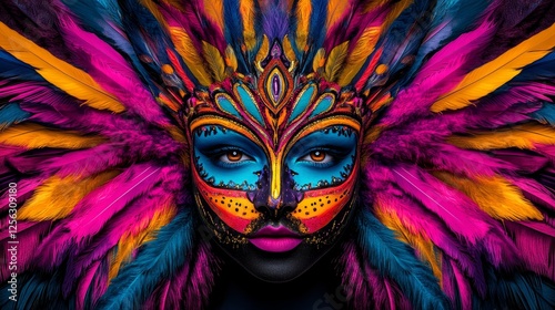 Vibrant Carnival Mask and Feathers - Close-up of a woman's face adorned with a colorful, ornate mask and vibrant feathers. A striking perfect for celebrations or fantasy themes