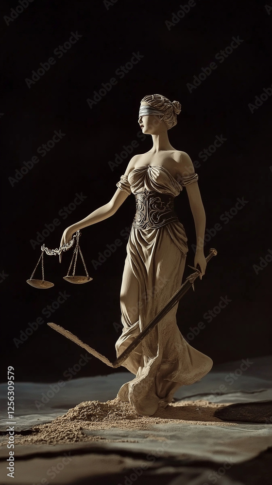 Illustration of justice personified but with crippled power and text space