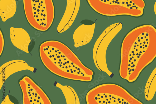 seamless summer patter with papaya, banana, lemon fruits- vector illustration
