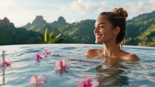 Happy pretty woman relaxing in a hot tub.