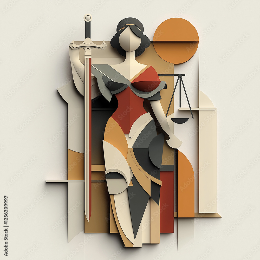 Stylized illustration of Lady Justice with text space