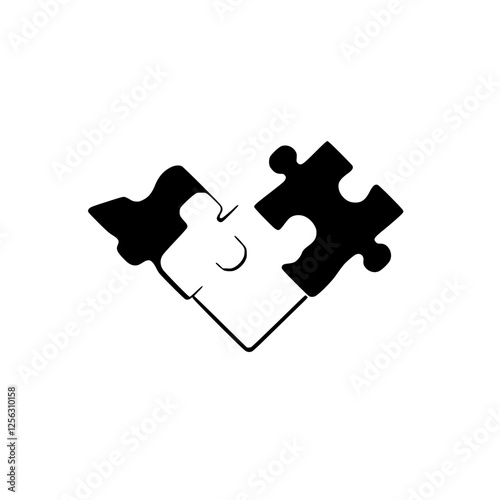 Black and white image of two puzzle pieces forming a heart shape against a white background.