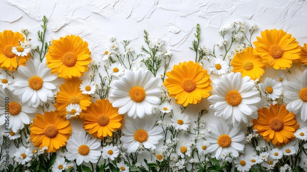 Fototapeta premium Vibrant arrangement of yellow and white flowers on a textured background, evoking freshness and joy