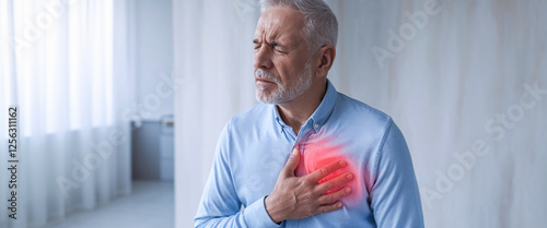A senior man experiencing chest pain in a modern home, holding his chest in distress, symbolizing heart issues, heart attack, and the need for medical attention and awareness.