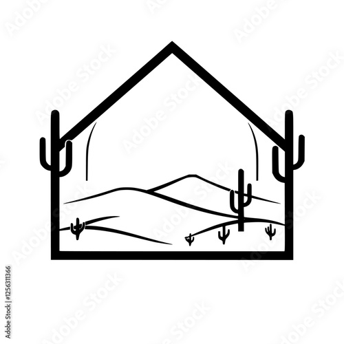 Desert landscape enclosed in a frame with cacti, simple, minimalistic, graphic, and artistic.