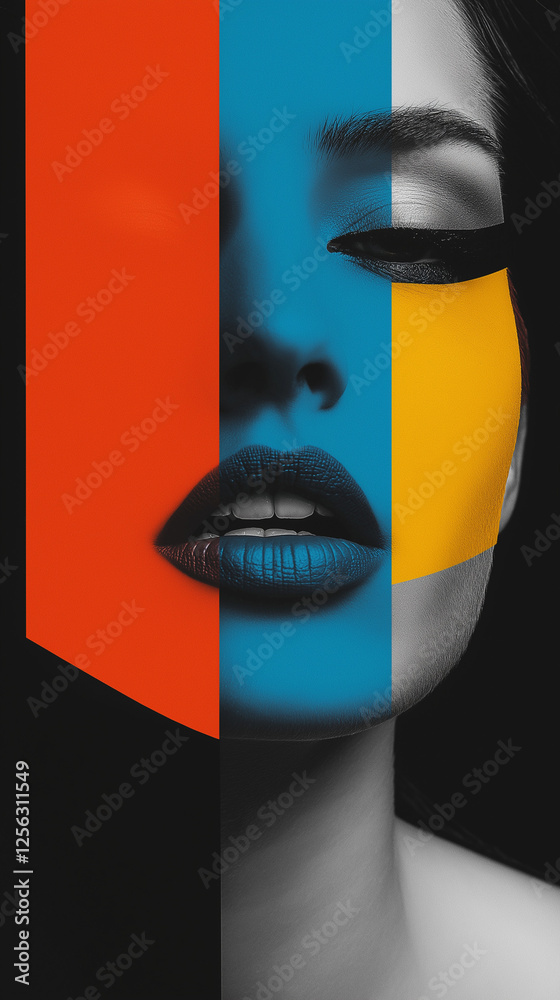 Face of woman with color blocks and text space