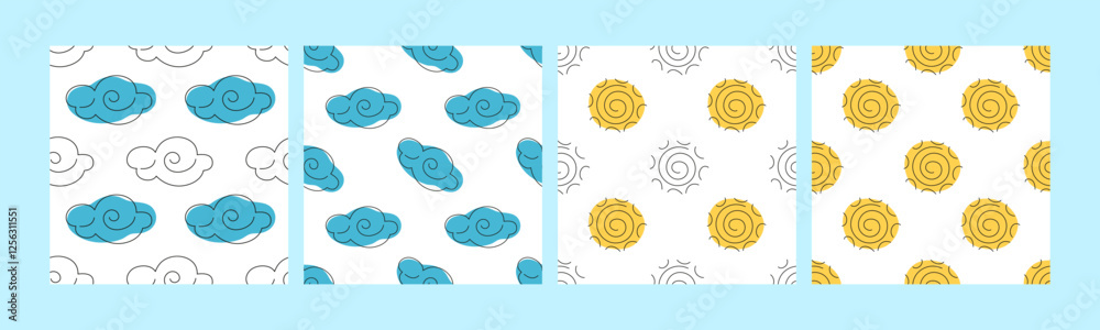 Patterns of clouds and suns on a light blue background showcasing a cheerful design Patterns of clouds and suns on a light blue background showcasing a cheerful design