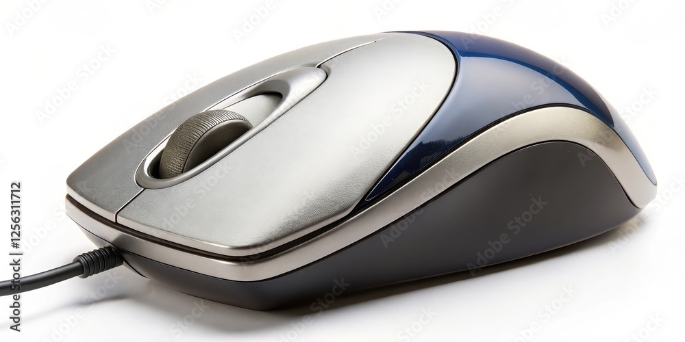 Computer Mouse, Silver, Blue, Ergonomic Design, White Background