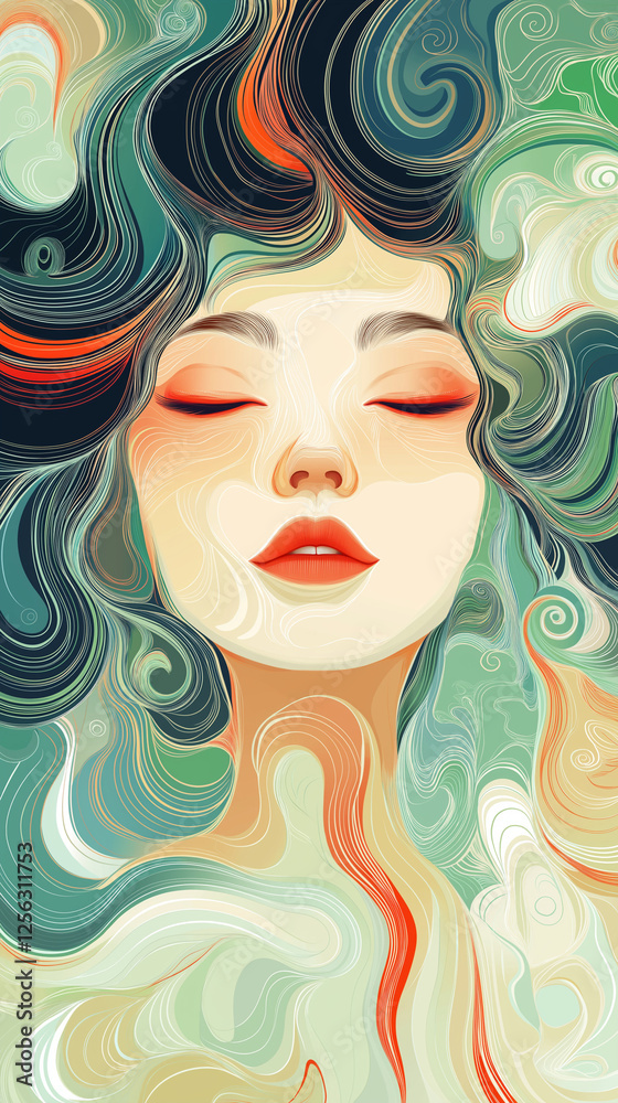 Woman with eyes closed amid colorful swirls vertical