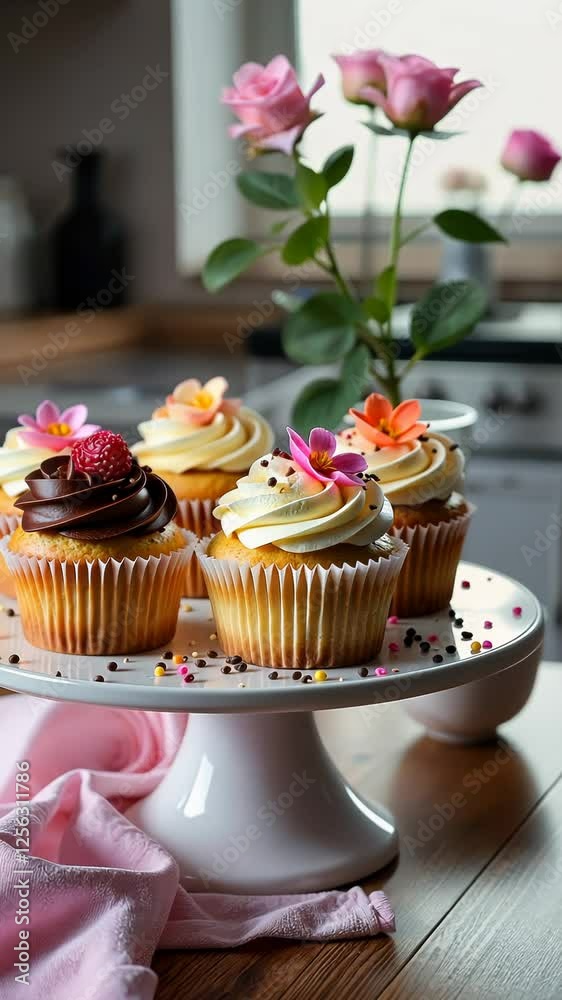 A white cake stand with four cupcakes on it. The cupcakes are decorated with pink and yellow frosting and have flowers on top A white cake stand with four cupcakes on it. The cupcakes are decorated with pink and yellow frosting and have flowers on top
