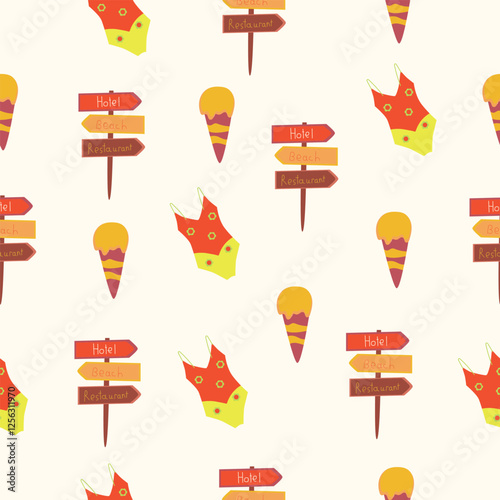 Beach Icons Pattern
A seamless pattern with summer vacation elements, including ice cream, swimsuits, and signposts leading to the beach, hotel, and restaurant. The playful, colorful desi