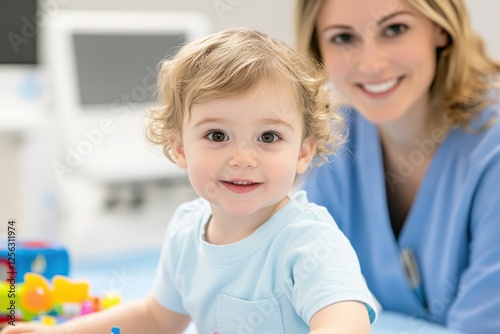 Occupational therapy session with young child practicing motor skills in a cheerful environment with supportive therapist