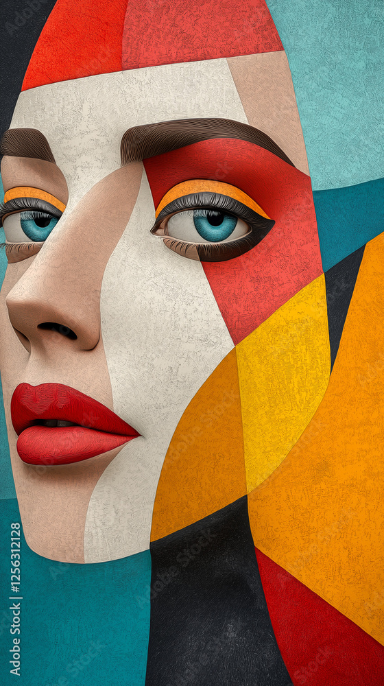 Colorful closeup of face of woman with geometric shapes