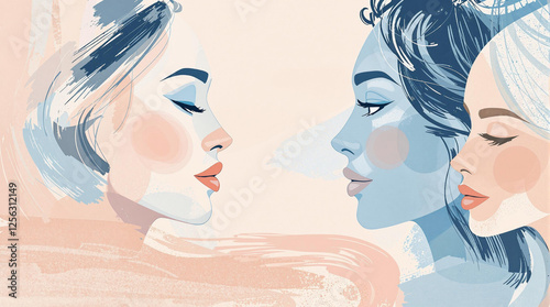 Brush Stroke Pastel Women's Day Banner 8 March, Painterly Women Faces Graphic with Copy Space, Peach Sky Blue Artistic Design