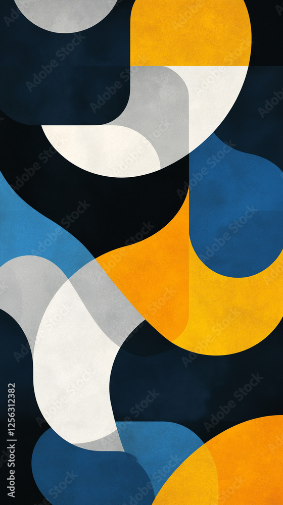Background of blue, yellow and gray shapes on black with text space