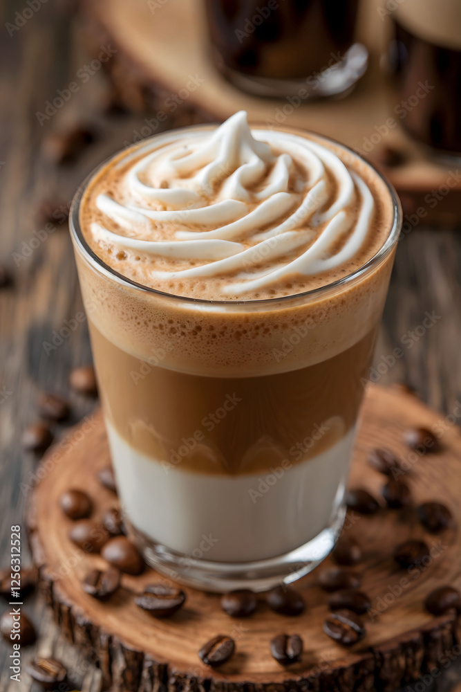 Close-Up of a Dalgona Coffee with Swirled Cream Topping on a Rustic Wooden Base Close-Up of a Dalgona Coffee with Swirled Cream Topping on a Rustic Wooden Base