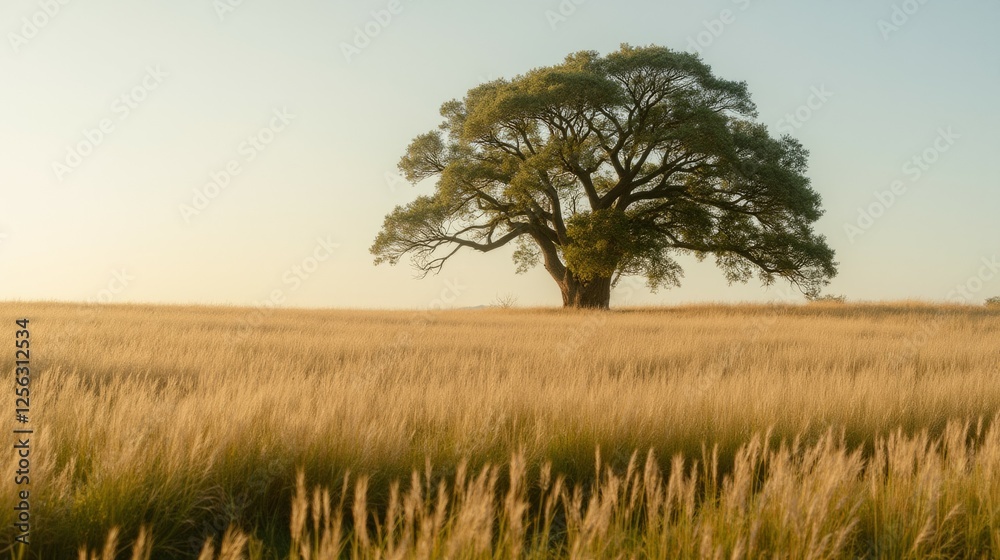 Majestic Single Tree Standing in Golden Grassland at Sunset Glow Majestic Single Tree Standing in Golden Grassland at Sunset Glow
