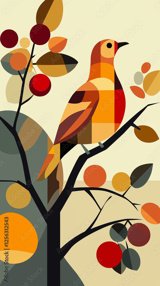 Stylized bird in tree with warm colors
