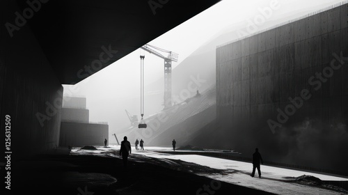 Construction site, gray building, workers, foggy day, industrial scene, urban, bleak, black and white photo photo