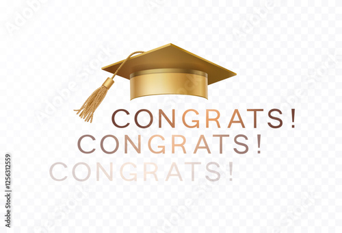 Graduate college, high school or university cap with Congrats isolated on transparent background. Vector degree ceremony hat and congratulation. Golden educational student symbol