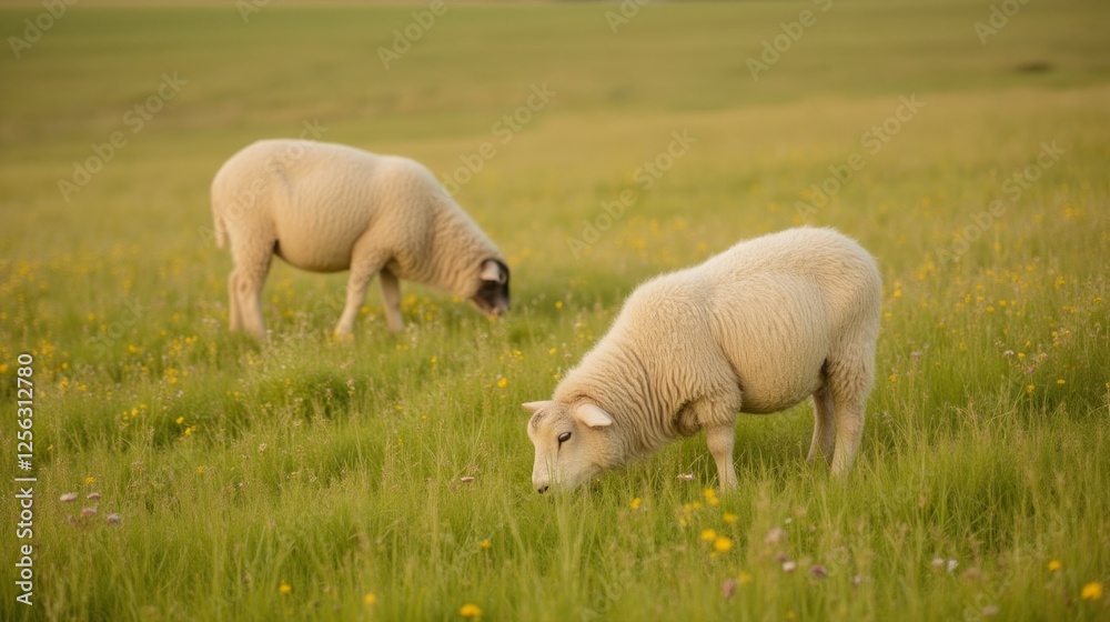Two Sheep Grazing in a Lush Green Meadow Under Sunny Sky Two Sheep Grazing in a Lush Green Meadow Under Sunny Sky