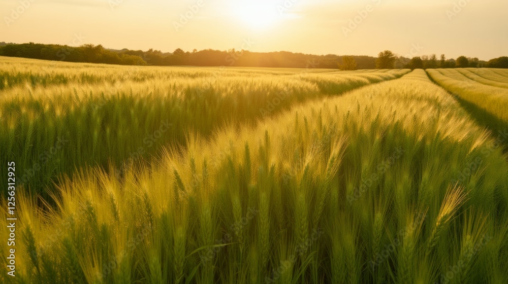 Golden Wheat Field Under Soft Sunlight at Dawn or Dusk Golden Wheat Field Under Soft Sunlight at Dawn or Dusk