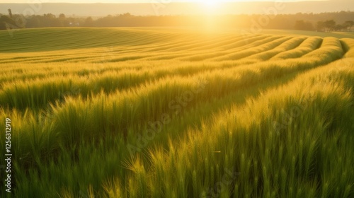 Golden Sunset over Lush Green Field of Wheat and Nature's Beauty