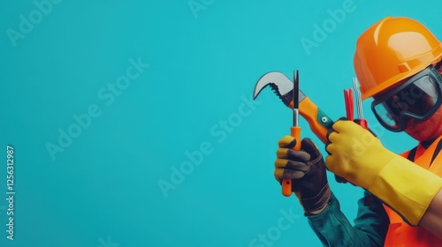 Construction worker with tools against a blue background. Possible use Stock photo for construction industry or safety training photo