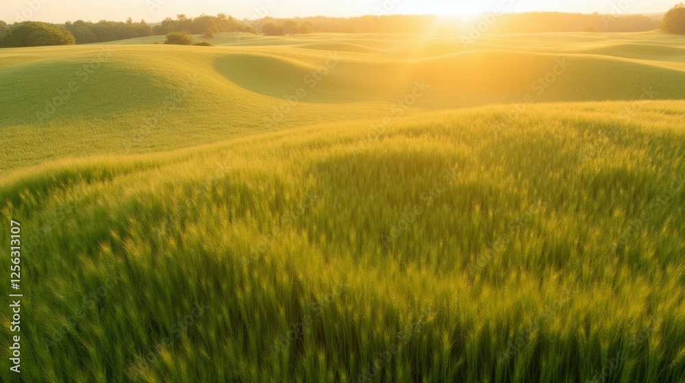 Lush Green Rolling Fields Under a Golden Horizon at Sunrise Lush Green Rolling Fields Under a Golden Horizon at Sunrise