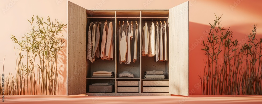 A 3D rendered open wardrobe in a minimalist style against a soft coral background A 3D rendered open wardrobe in a minimalist style against a soft coral background