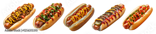 Set of hotdog hot dog frankfurter frank wiener bun sandwich, with different ingredients vegetables beef cheese lettuce mustard ketchup on transparent background cutout PNG. Mockup template