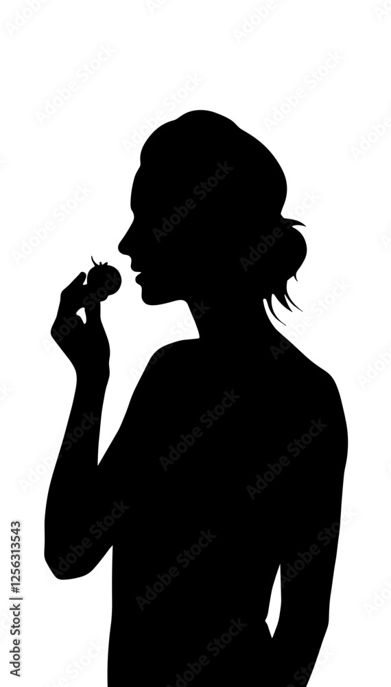 Vector silhouette of a woman enjoying a strawberry with delight, copy space Vector silhouette of a woman enjoying a strawberry with delight, copy space