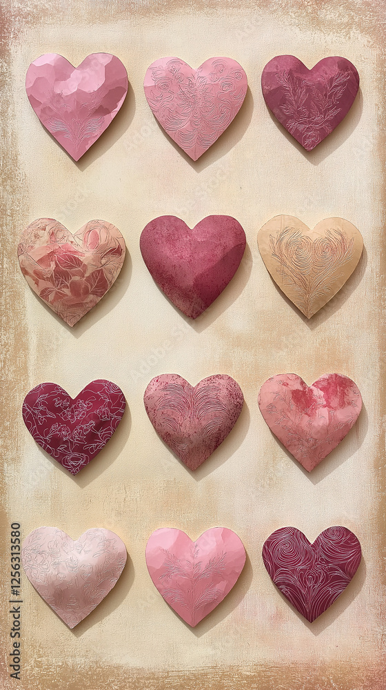 A dozen Valentine hearts with lace and leaf textures