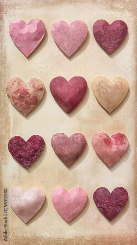 Obraz na płótnie A dozen Valentine hearts with lace and leaf textures w salonie
