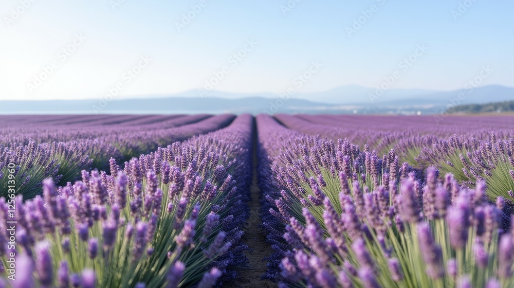 Fototapeta premium Expansive Lavender Field under Clear Sky Captured in Full Bloom