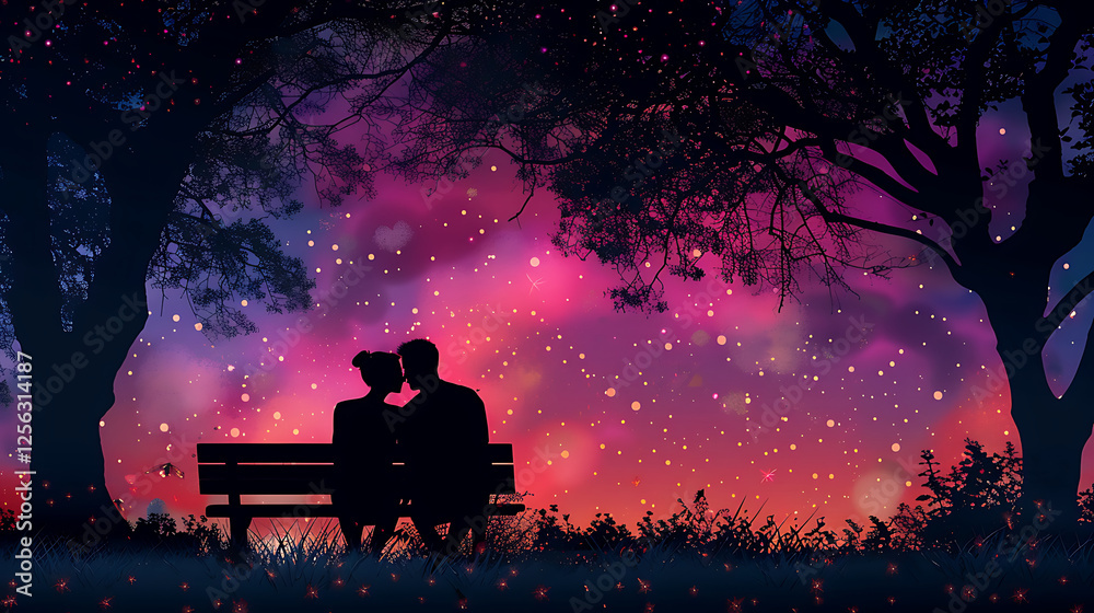 Couple Silhouetted on a Bench Under a Magical Night Sky Couple Silhouetted on a Bench Under a Magical Night Sky