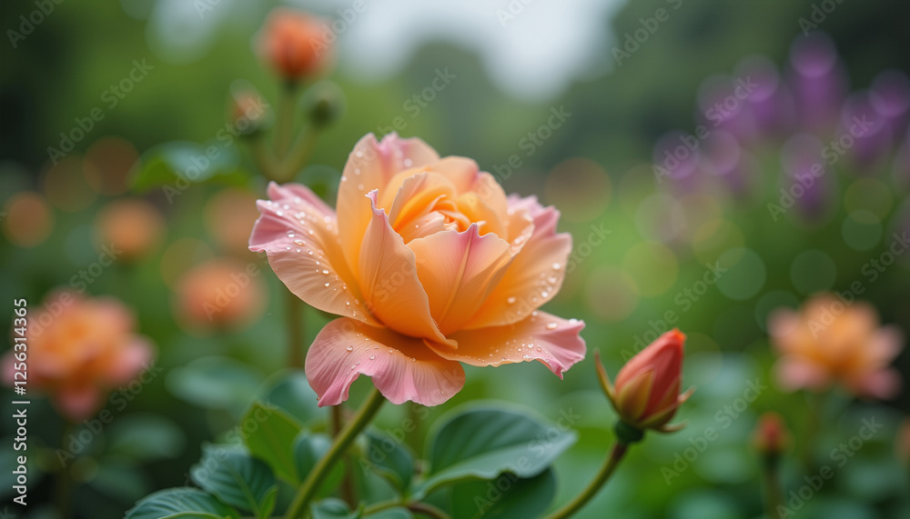Blooming flower drenched in rain, serene garden beauty Blooming flower drenched in rain, serene garden beauty